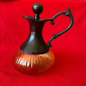 Vintage Yellow Glass Wine Decanter Carafe Pitcher w/ Brass Handle